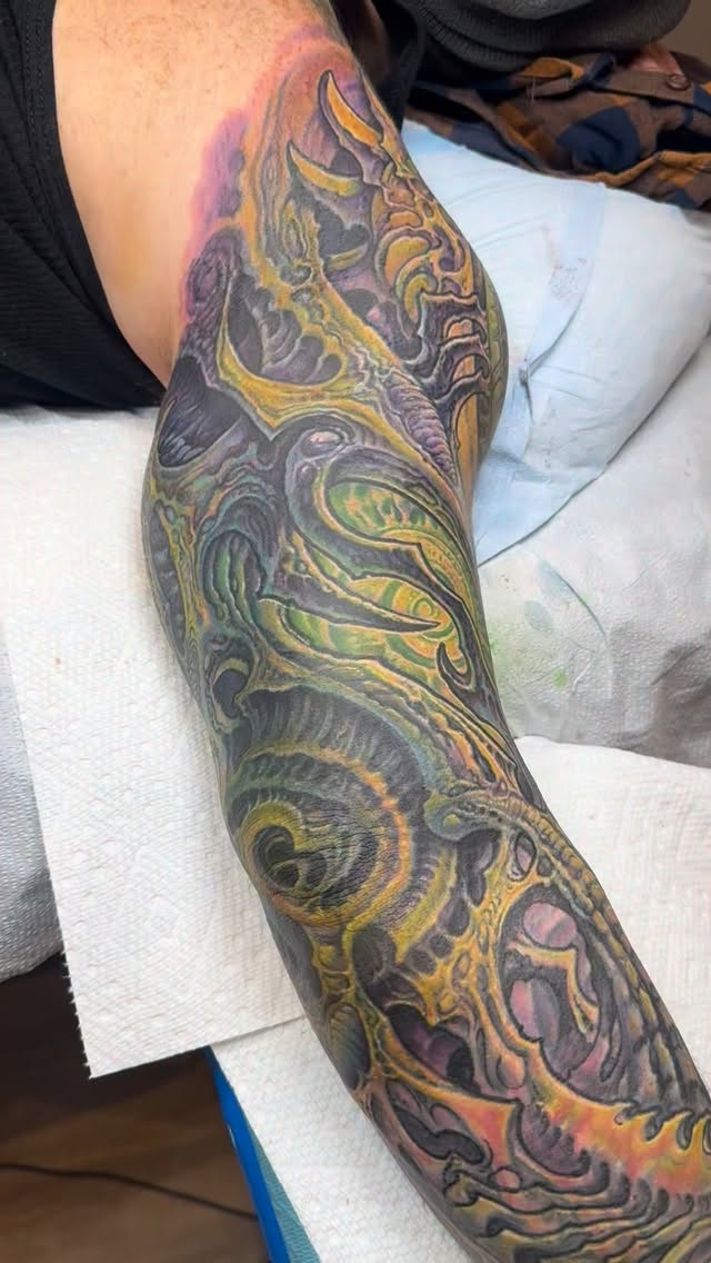 Biomechanical color sleeve coverup, in progress