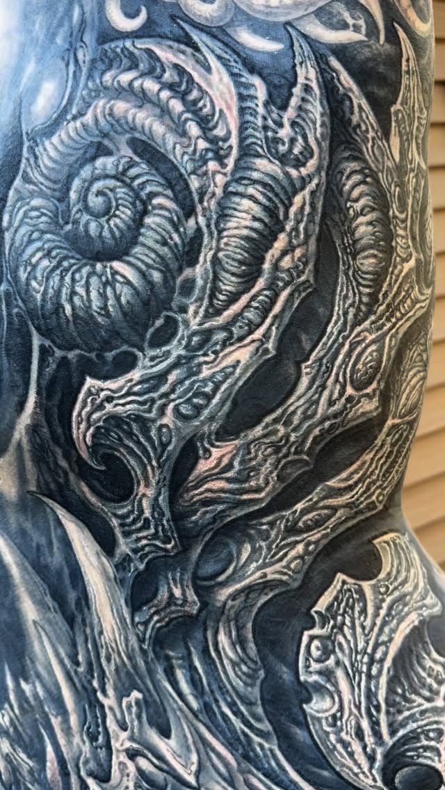 Biomechanical black-and-grey rib coverup
