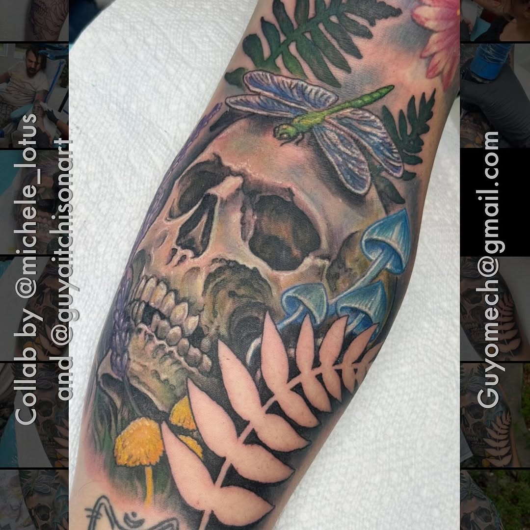 Color realism skull with dragonfly and ferns, forearm