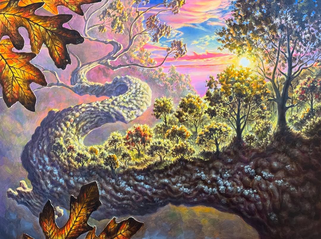 Limb — surreal oak branch landscape, oil painting