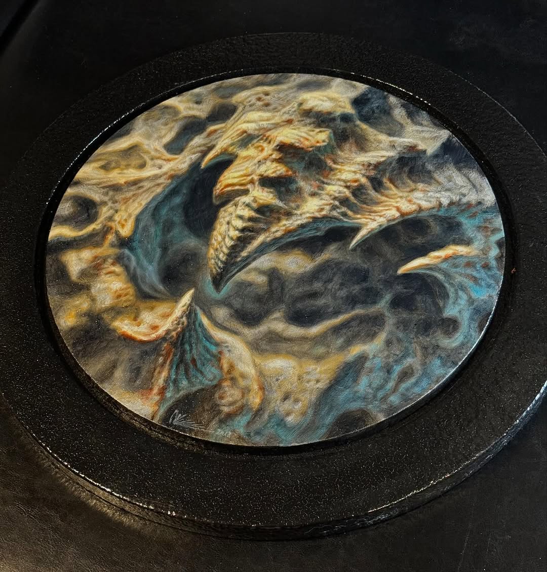Biomech oil painting, circular abstract artwork