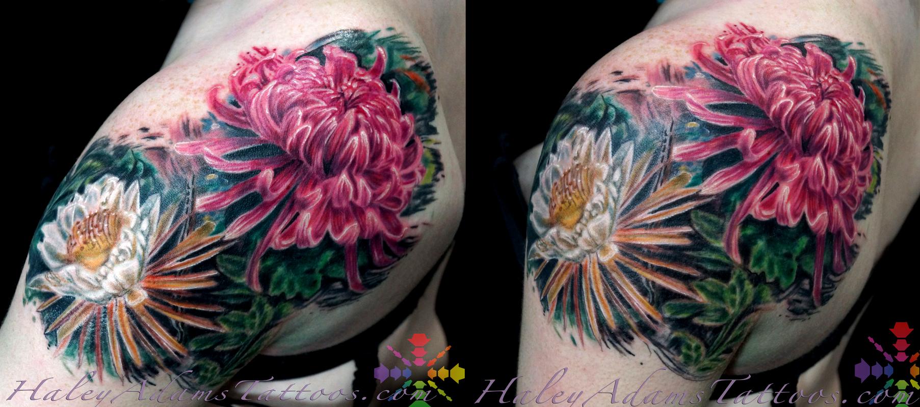 flowers on shoulder and upper arm