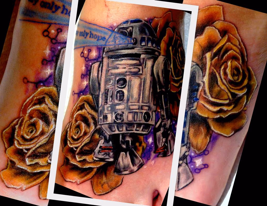 R2D2 foot tattoo with c3po roses