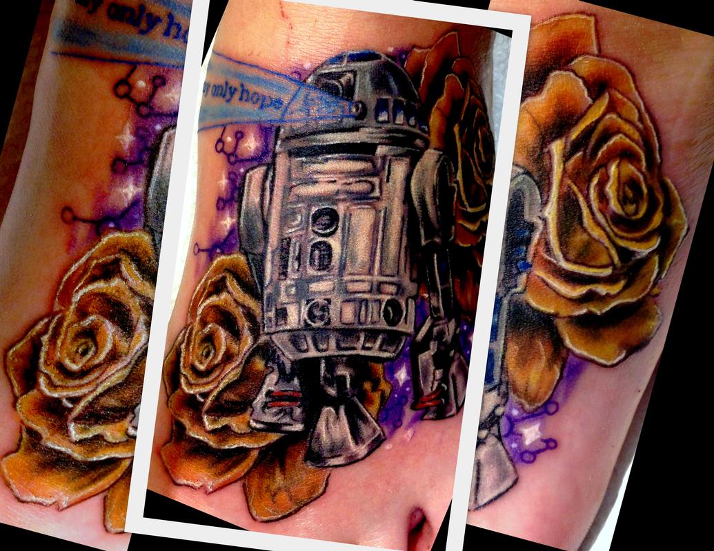 R2D2 foot tattoo with c3po roses