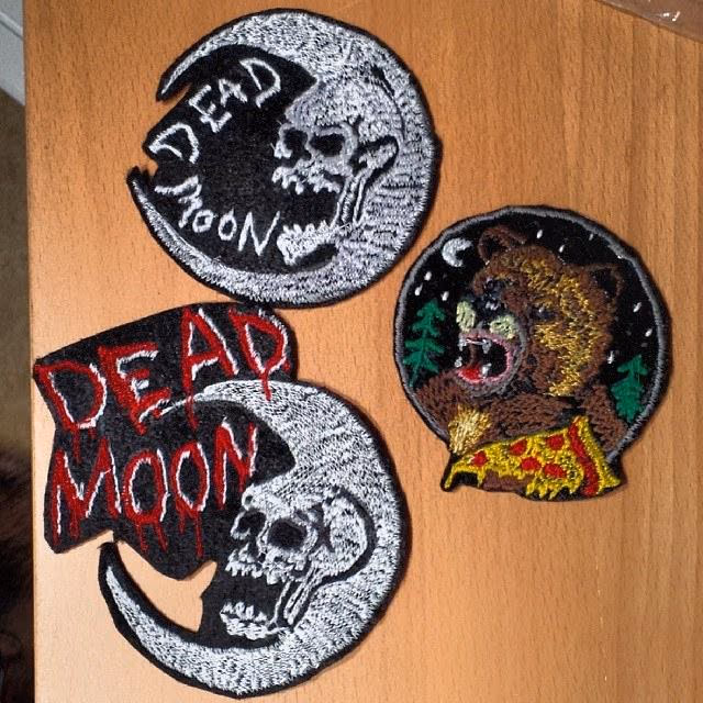 hand made patches, dead moon and bear eating pizza