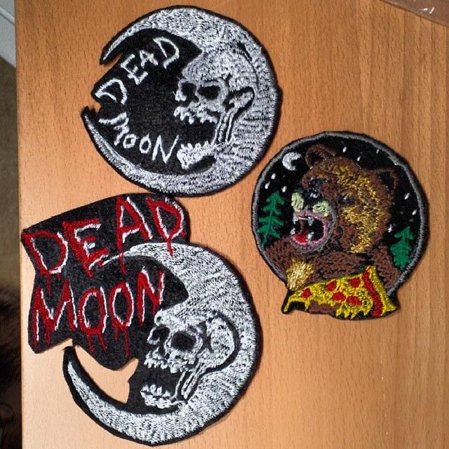 hand made patches, dead moon and bear eating pizza