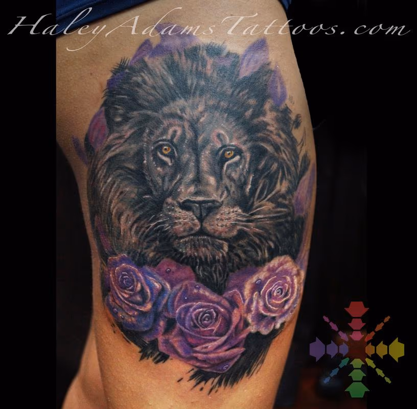 lion with roses tattoo