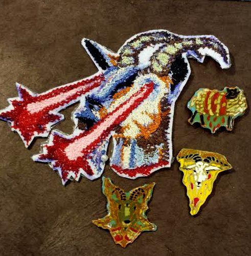 Laser eyed goat patch and 3 enamel pins