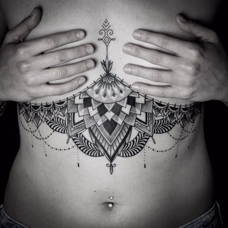 blackwork dotwork sternum mandala