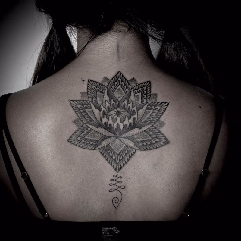 blackwork dotwork lotus unalome