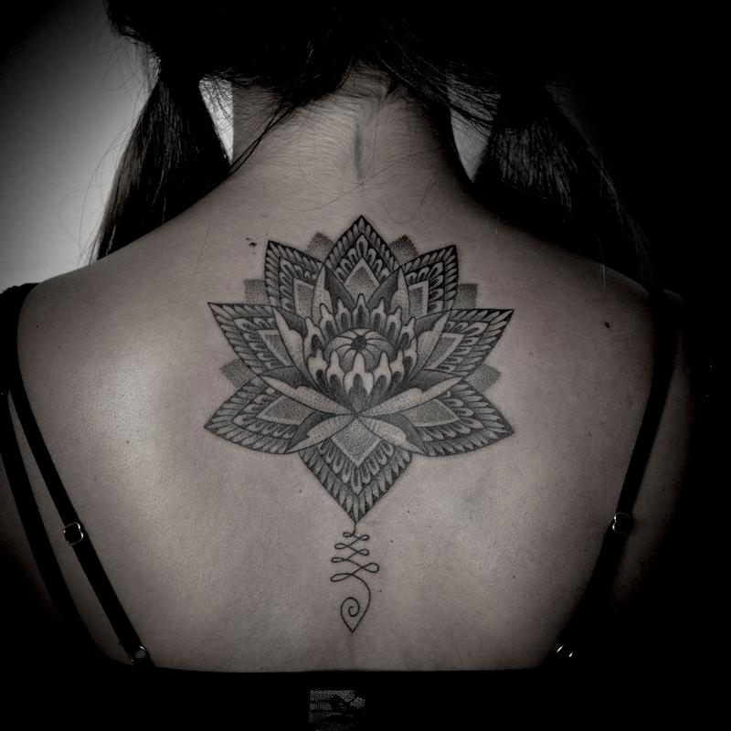 blackwork dotwork lotus unalome