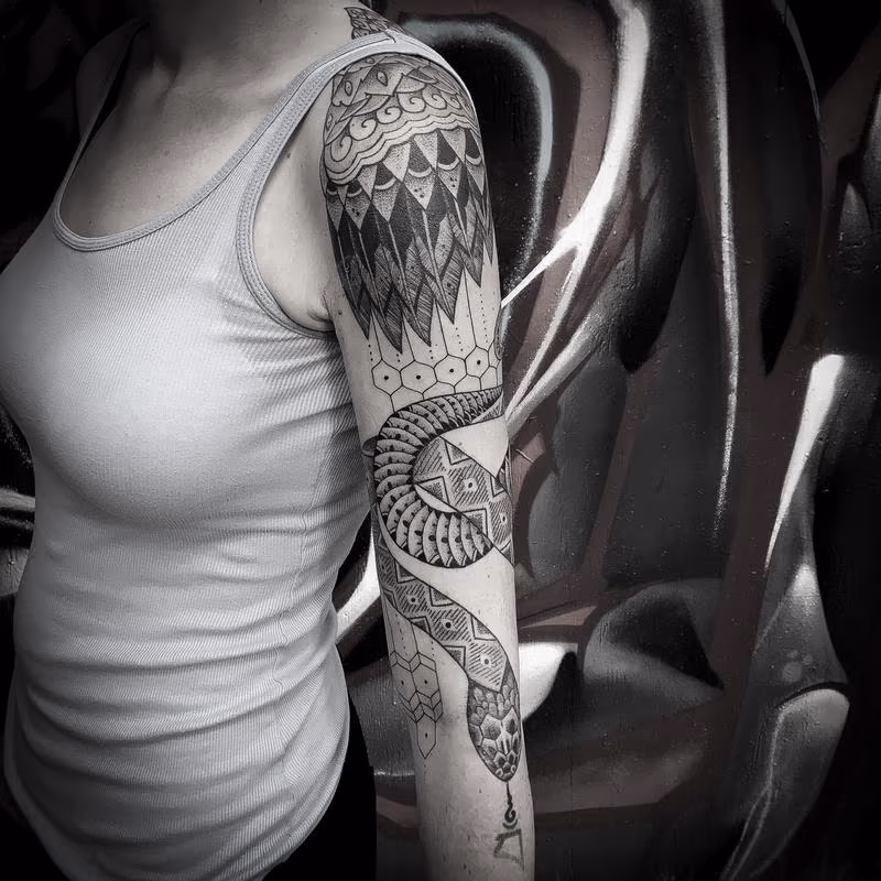 blackwork dotwork snake sleeve