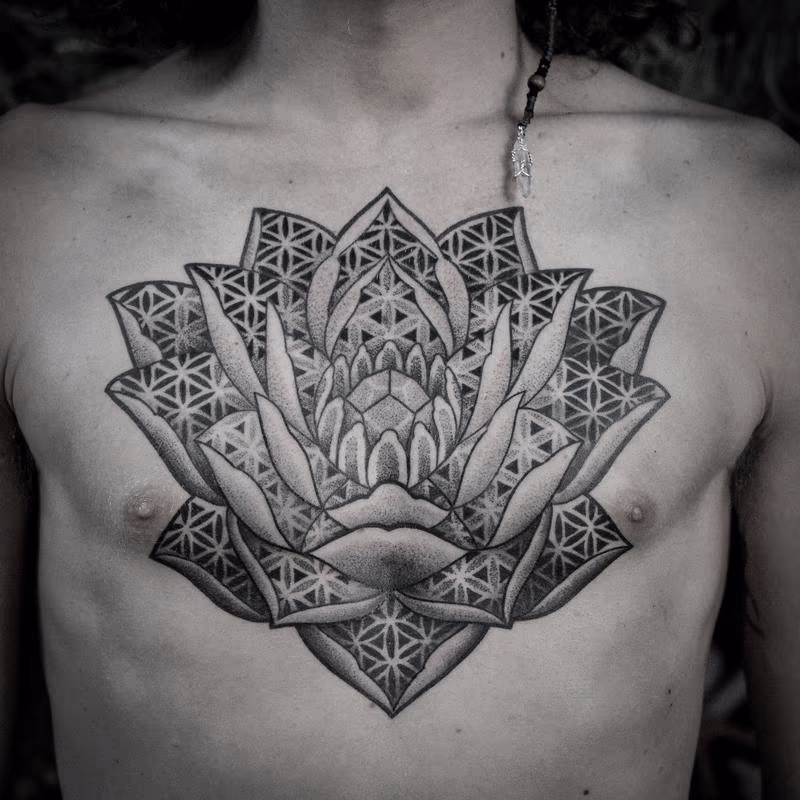 blackwork dotwork heart lotus