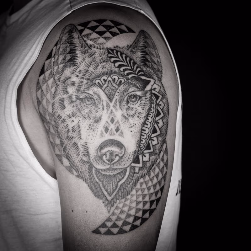 blackwork dotwork wolf