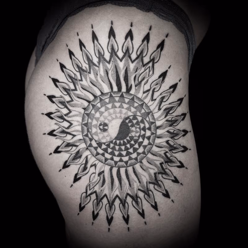 blackwork dotwork yin yang sun