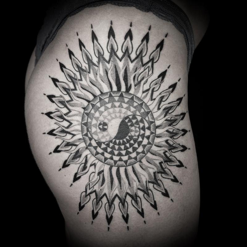 blackwork dotwork yin yang sun
