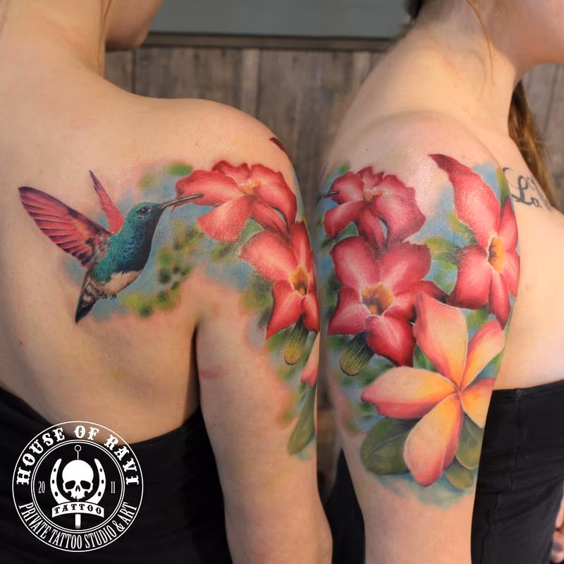 Hummingbird and flowers