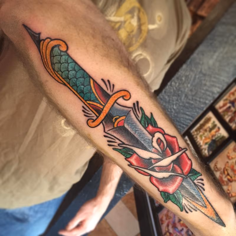 Traditional Knife in Rose Color Tattoo