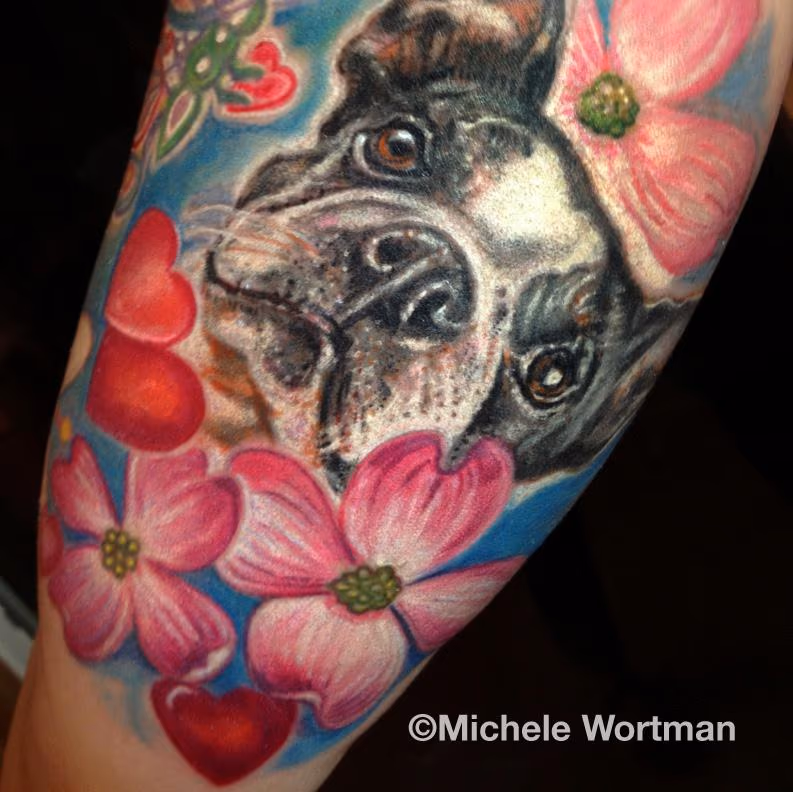 Boston terrier tattoo with flowers