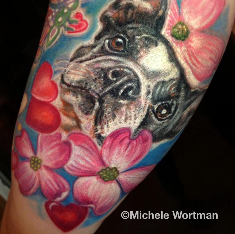 Boston terrier tattoo with flowers