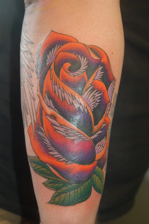 Neo traditional rose with feathers