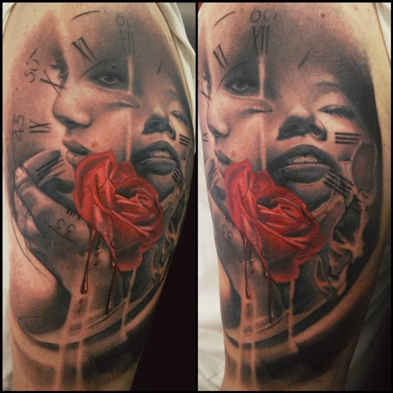 Rose, clock, and faces