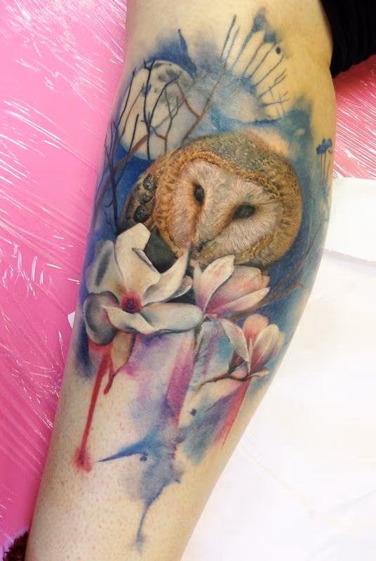 Owl and Flowers tattoo