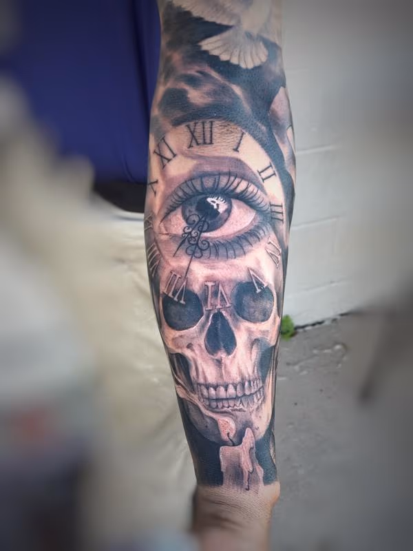 Skull, eye, clock