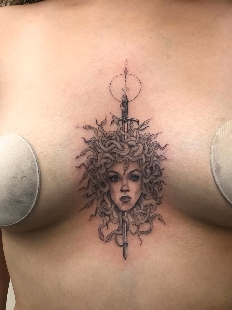 Medusa sternum tattoo