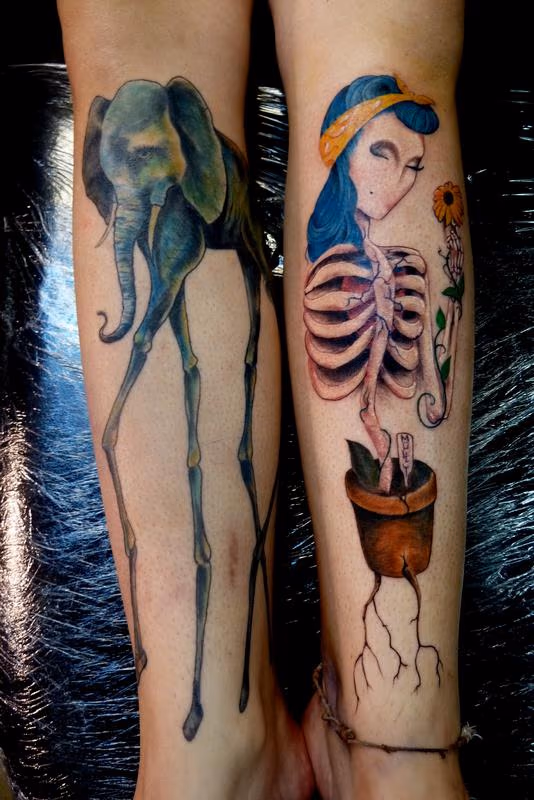 Skeletal Growth shin tattoos