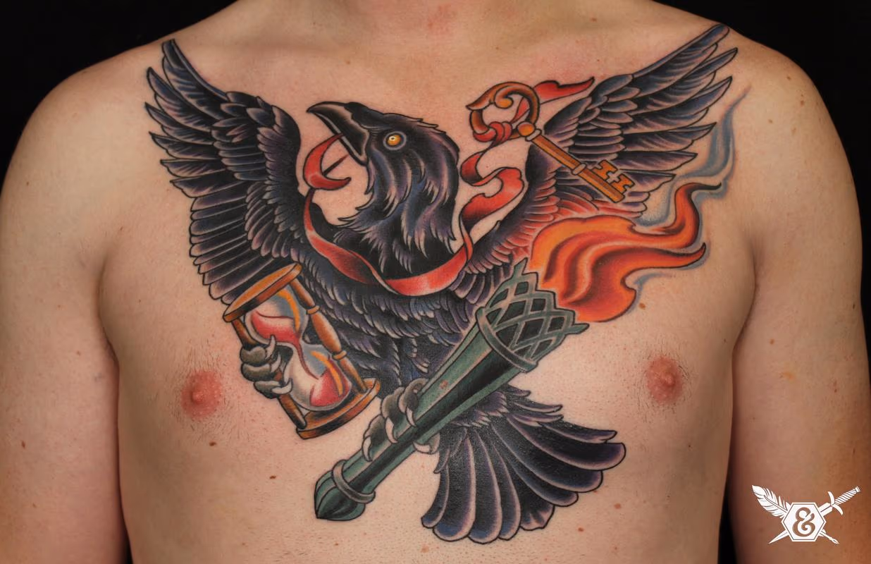 Raven, torch, hourglass, and key
