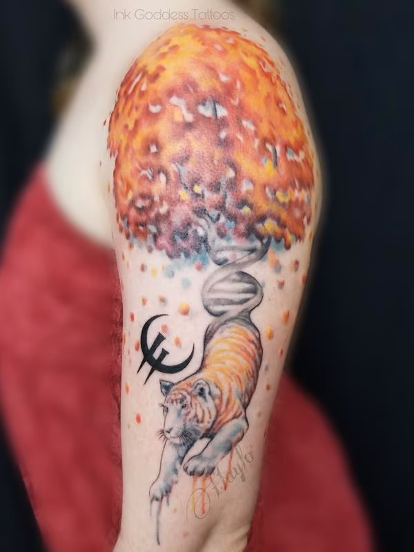 Watercolor style tiger, autumn tree and DNA strand