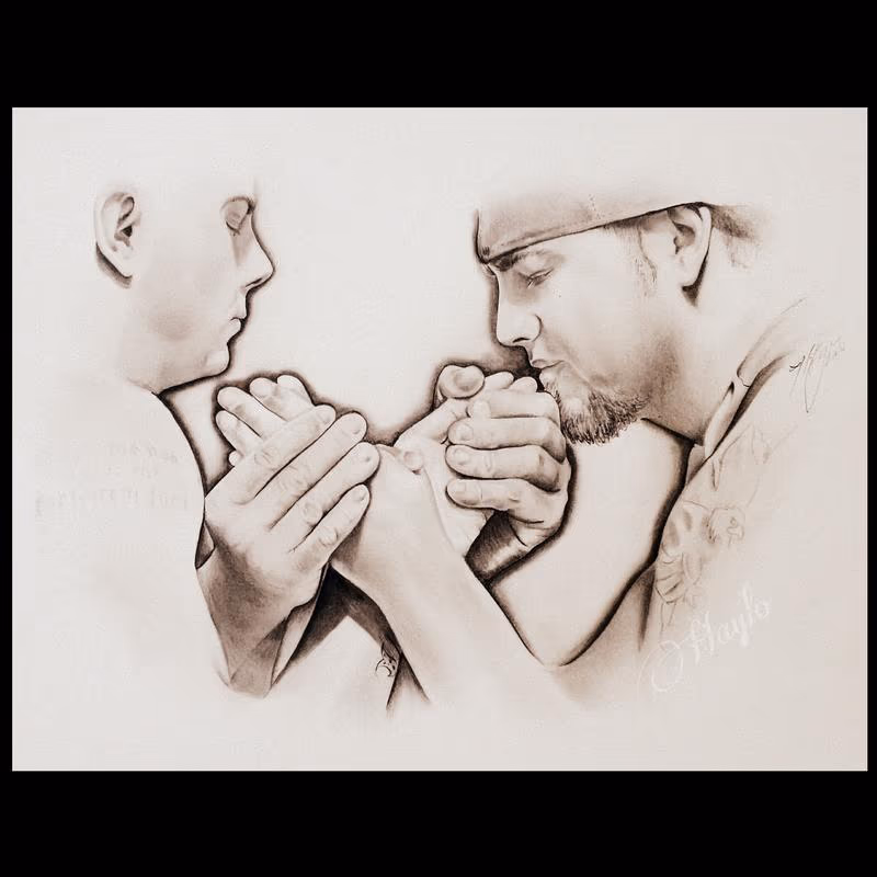 Pencil Graphite drawing of two arm wrestlers, Scott Warren vs AJ Warren