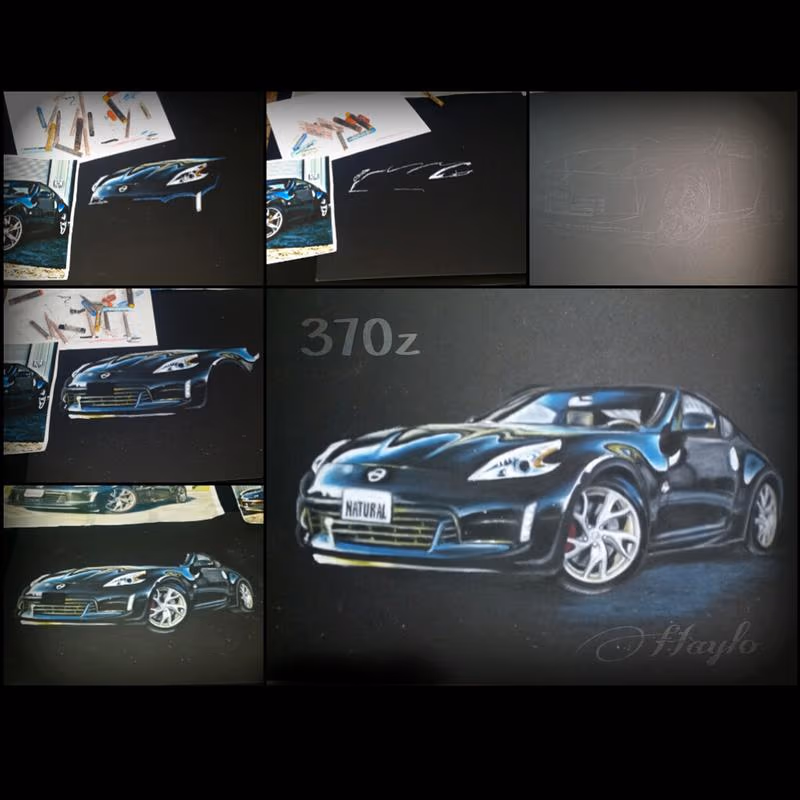 Nissan 370 Z on black illustration board in Oil Pastels