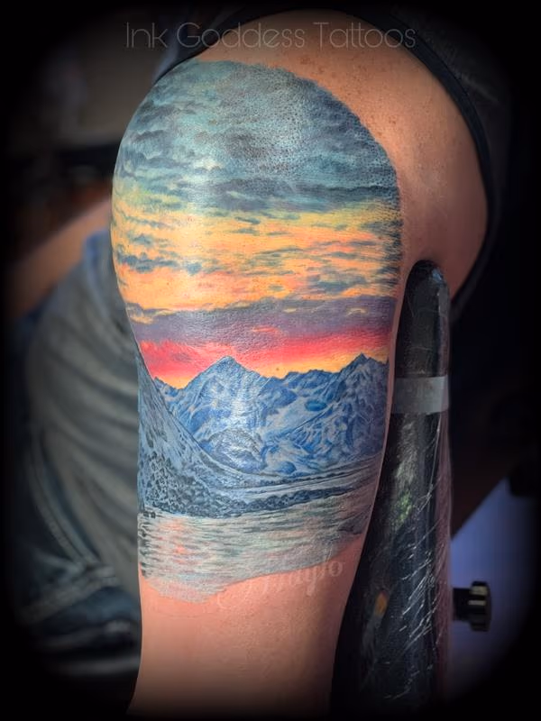 Mountain and Lake scene tattoo by Haylo