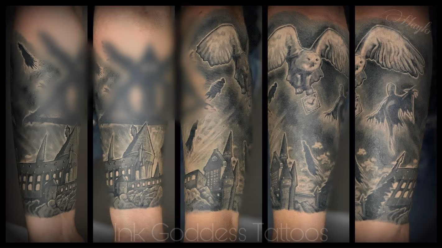 Harry Potter, Hogwarts & Hedwig tattoo by Haylo
