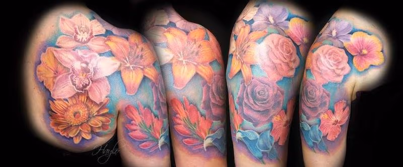 Beautiful floral arrangement shoulder & 1/2 sleeve tattoo