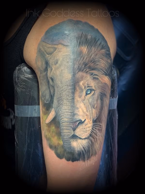 Elephant and Lion half sleeve