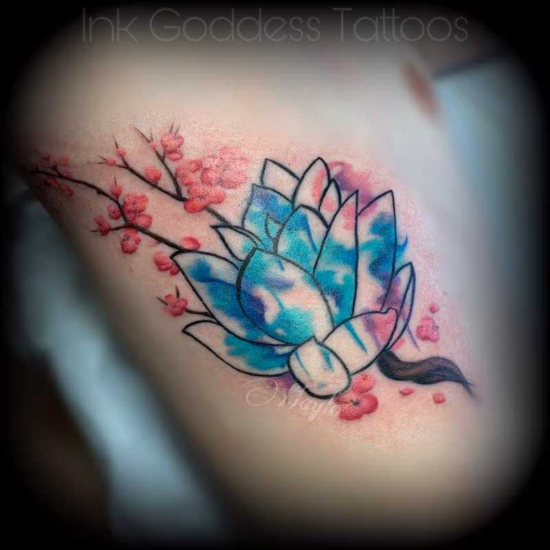 Watercolor Lotus & Cherry Blossom Tattoo by Haylo