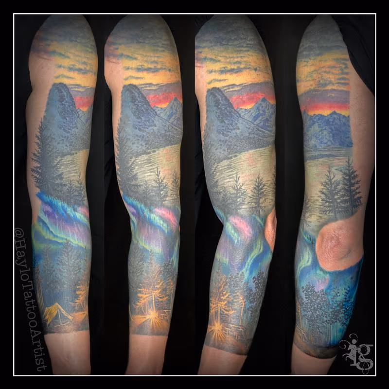 Outdoor, camping, landscape, lake and sunset full sleeve tattoo by Haylo