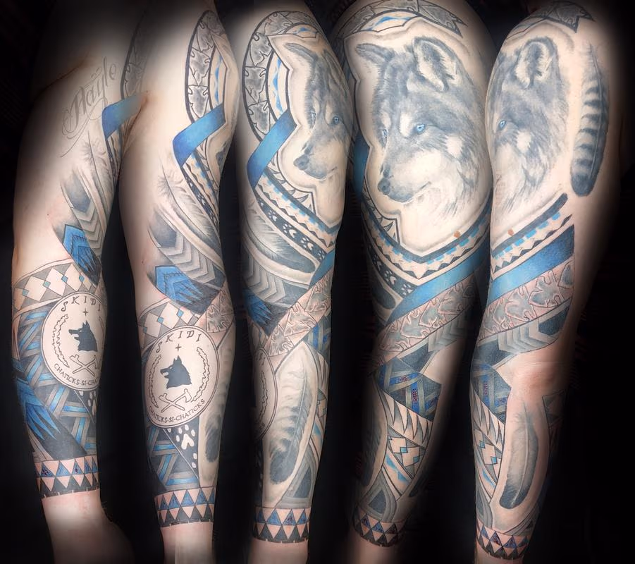 Native american inspired Tribal wolf, feather and pattern sleeve