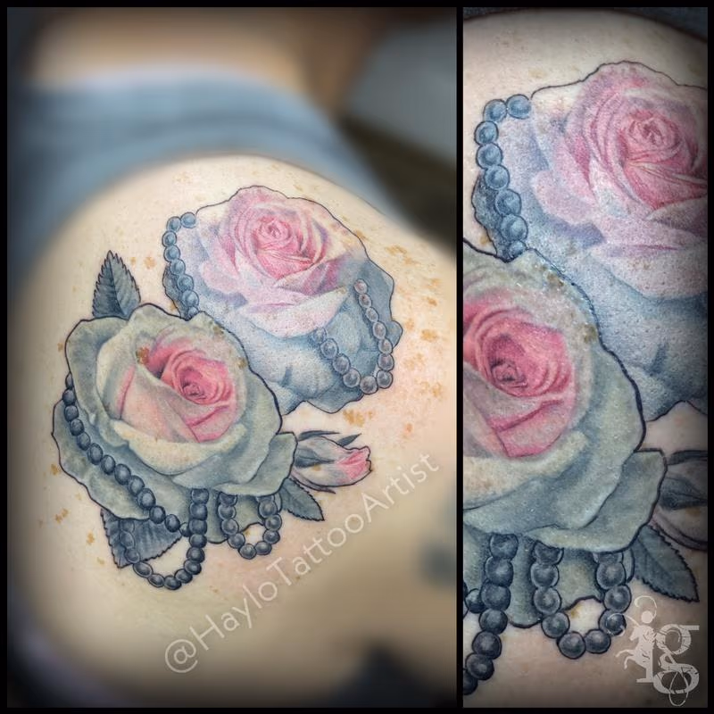 Rose and Pearl Shoulder tattoo by Haylo