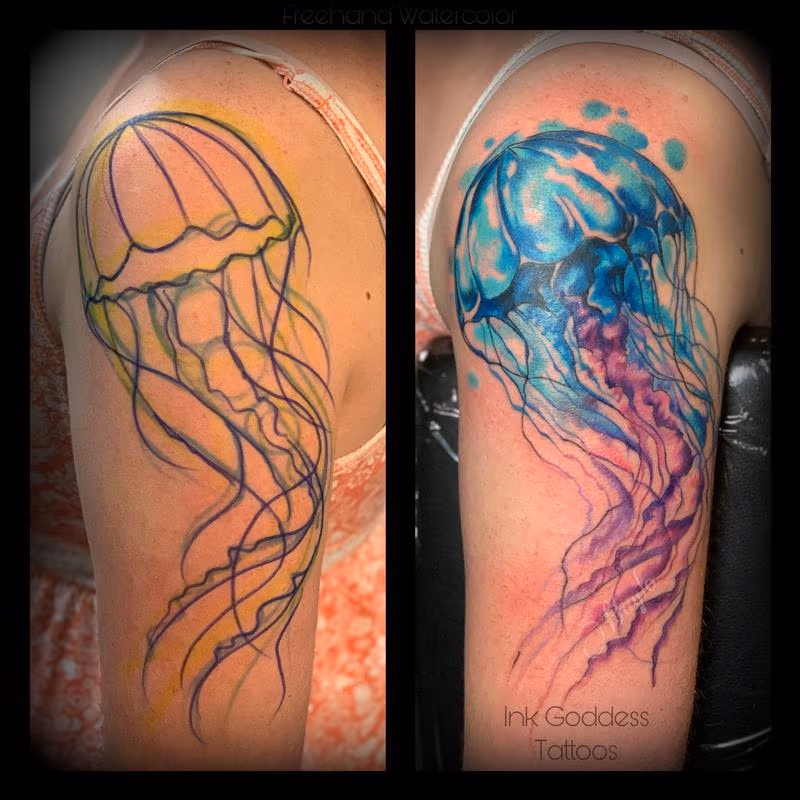 Watercolor Jellyfish tattoo by Haylo