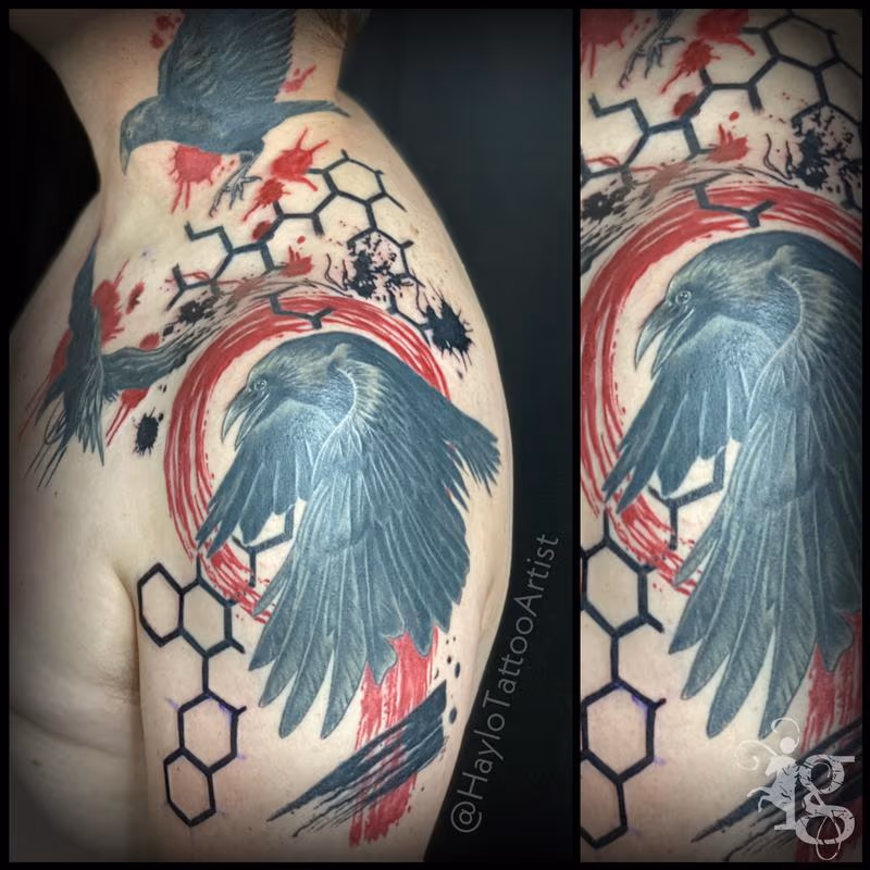Trash-Polka Raven/Crow Cover-up tattoo by Haylo