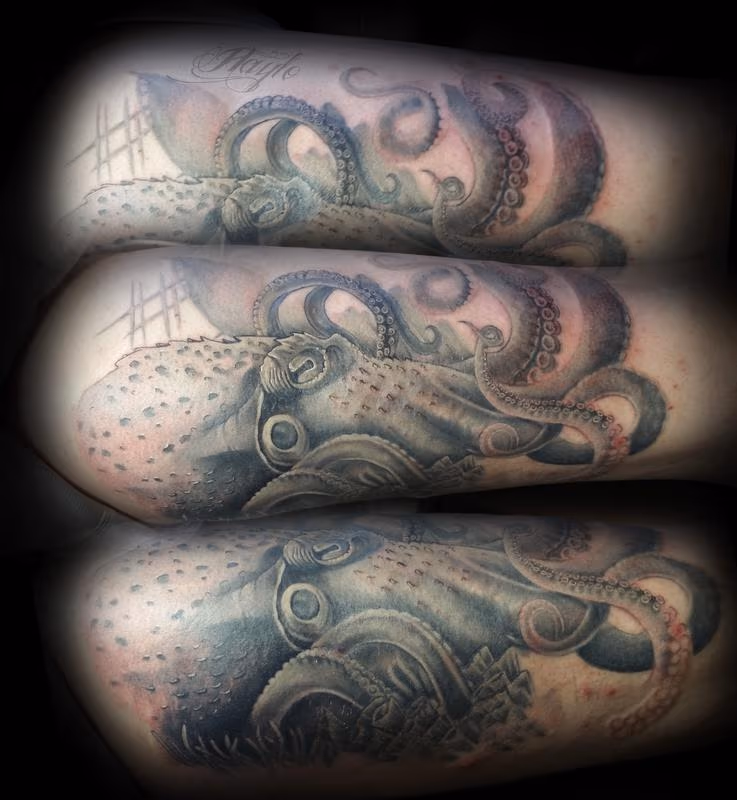 Freehanded octopus black and gray thigh piece
