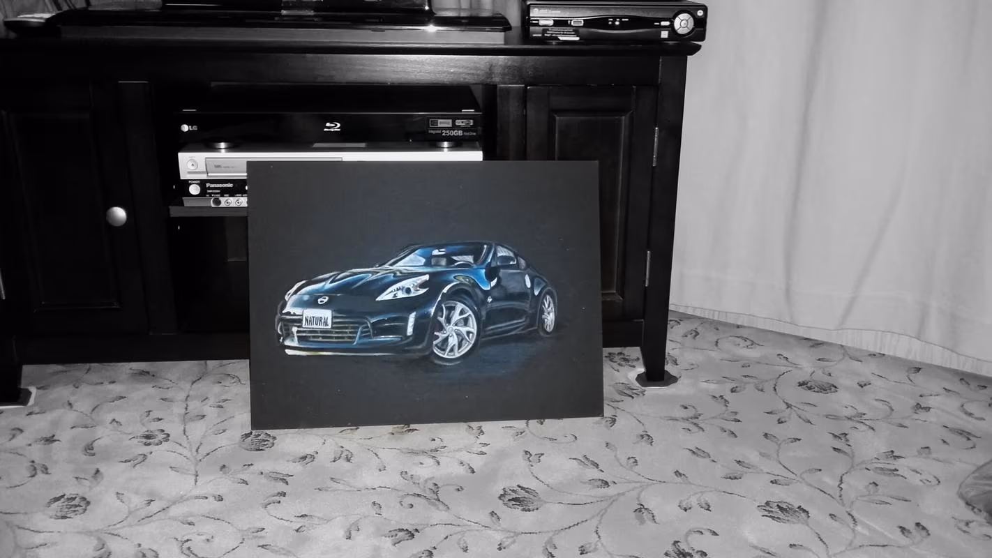 Nissan 370 Z on black illustration board in Oil Pastels completed