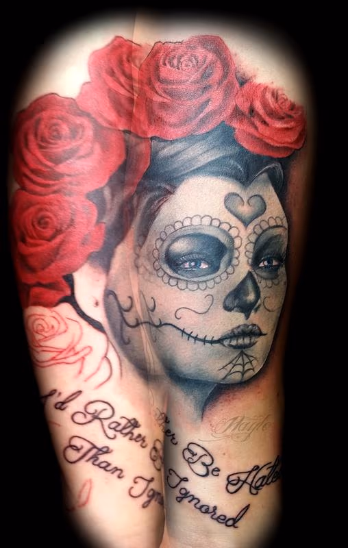 Day of the Dead girl with red roses and script