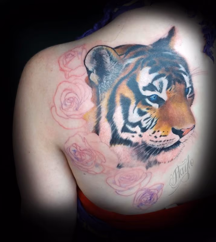 Progress shot of Realistic tiger with blue eyes and red roses