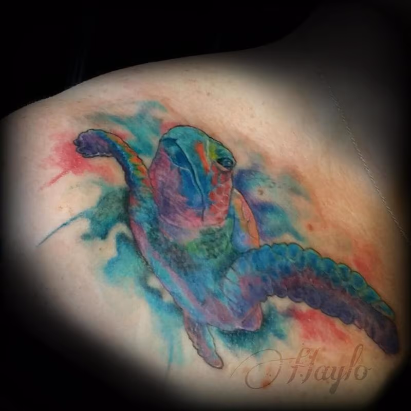 Watercolor style turtle cover up shoulder/chest piece