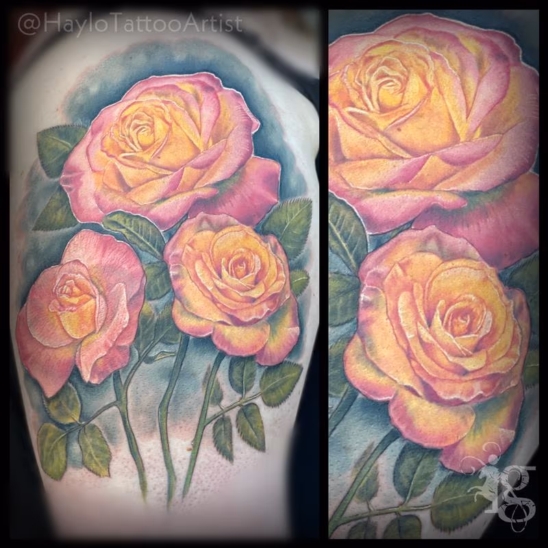 Yellow and Pink long stem rose bouquet half sleeve tattoo by Haylo